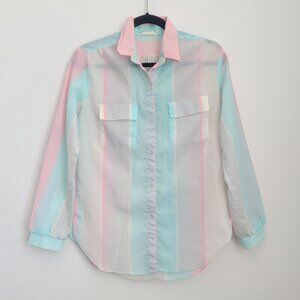 Vintage Cover Story Pastel Rainbow Striped Sheer Button Up Blouse Size M